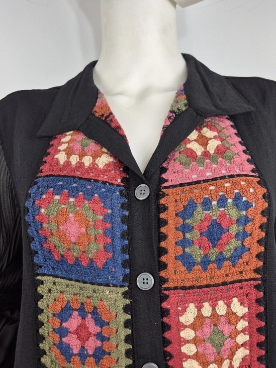 John Mark Tops - John Mark Women's Size PXL Crochet Button Up Shirt Tunic Black Long Sleeve 25